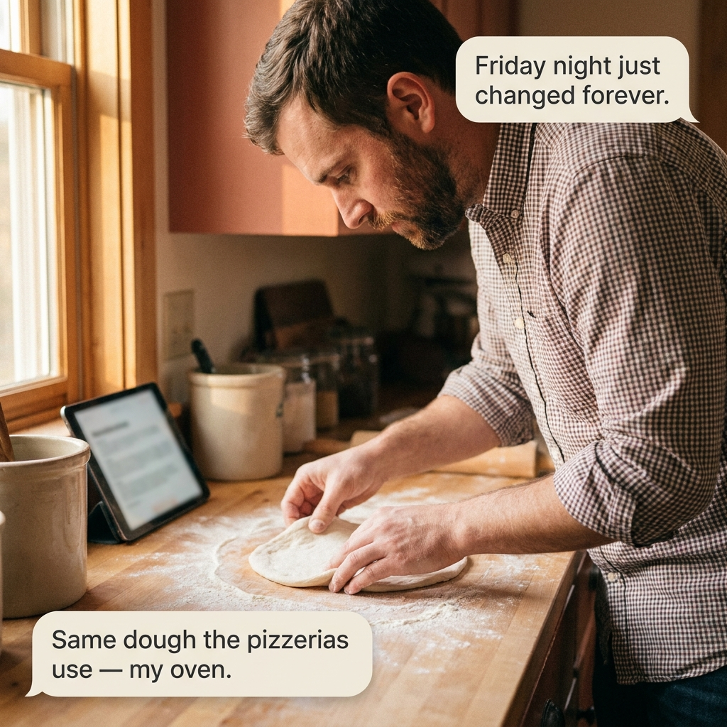Home baker stretching dough with the masterclass open